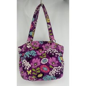 Vera Bradley Flutterby Purse Tote Shoulder Bag Zip Purple Flower Butterflies EUC